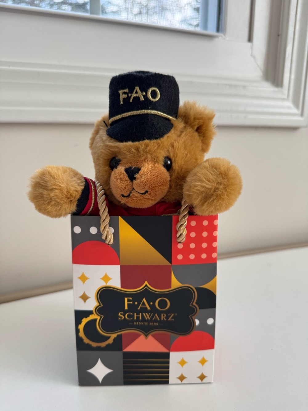 FAO Schwarz Brown Bear Plush with Black & Red Accents